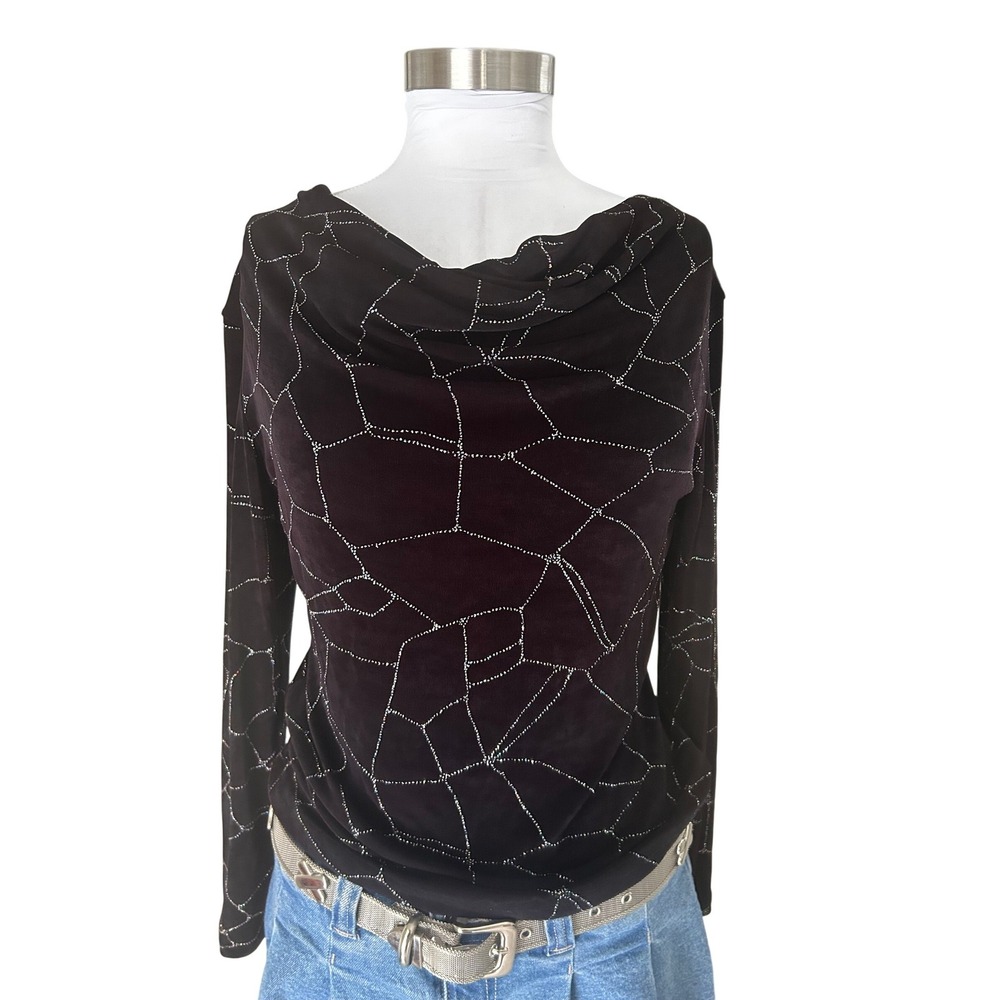 Vintage Western Connection Cowl Neck Top Black Holographic Glitter Spiderweb